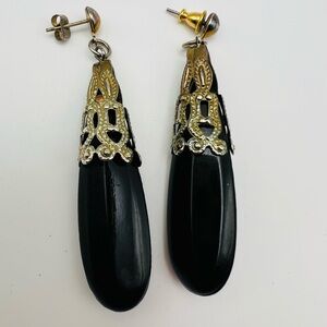 Vintage Black Dangle Earrings Gold Filigree Caps Art Deco Style